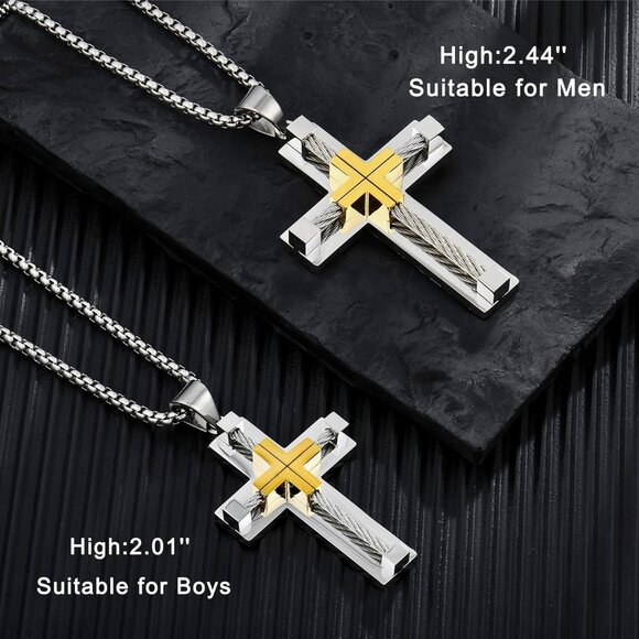 Men's 2.01 Inches Stainless Steel Cross Jesus Christ Rolo Chain Necklace - Picture 5 of 9